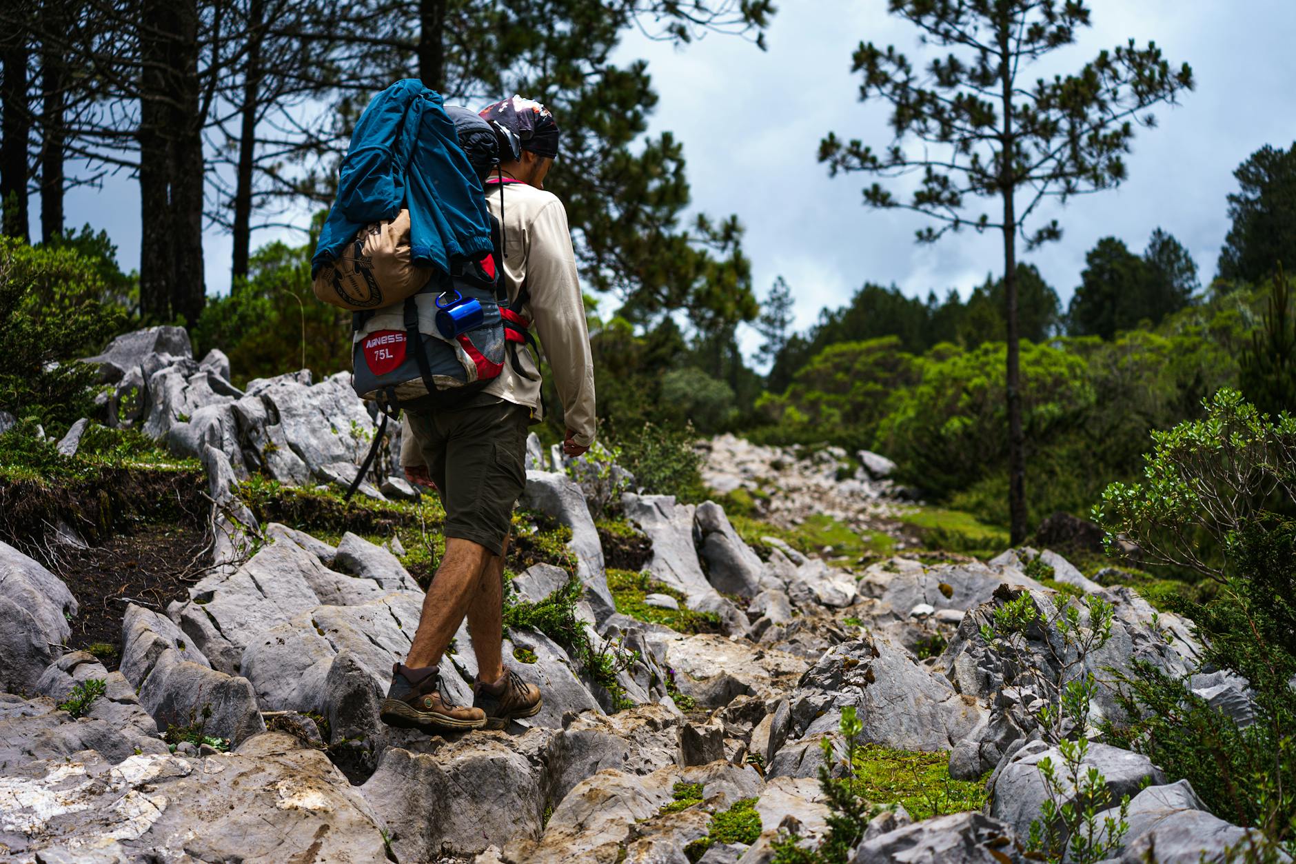 Turysta samotnie idący kamienistym leśnym szlakiem w Quiché w Gwatemali